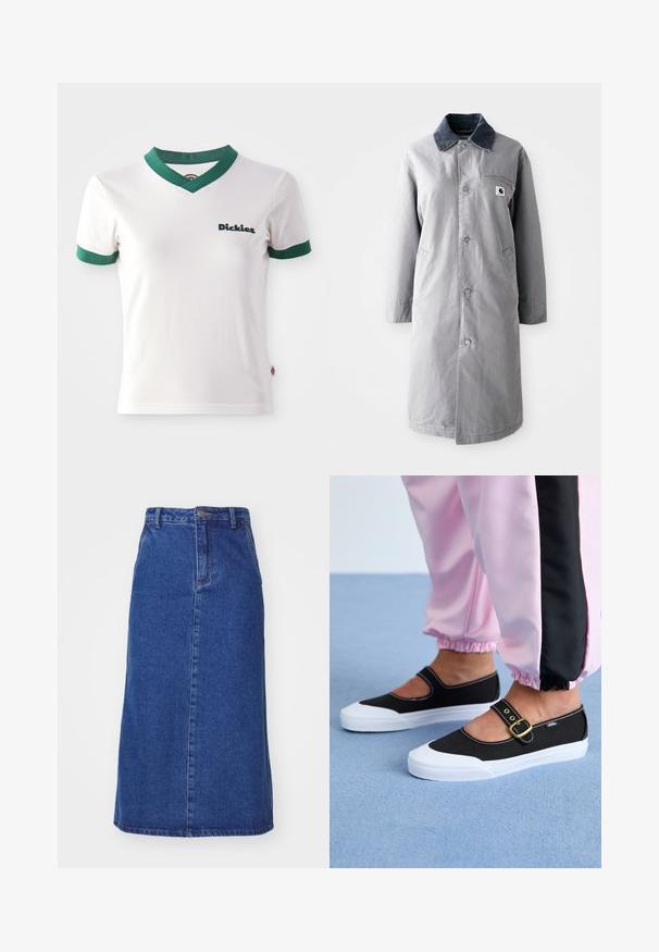 Manteau long gris en tissu résistant avec un col en velours côtelé, des boutons devant, deux poches latérales et une poche poitrine avec un patch logo.; T-shirt blanc à manches courtes avec un col en V vert et des bordures de manches vertes ; présente le logo "Dickies" en vert foncé sur le côté gauche de la poitrine. Texture de coton lisse.; Jupe en denim bleu foncé, dotée d'une taille ajustée, d'une silhouette droite et de coutures avant, avec un ourlet qui tombe sous le genou.; Baskets noires en toile avec une semelle blanche, présentant un design découpé et une sangle en boucle dorée. Portées avec un pantalon de survêtement rose.