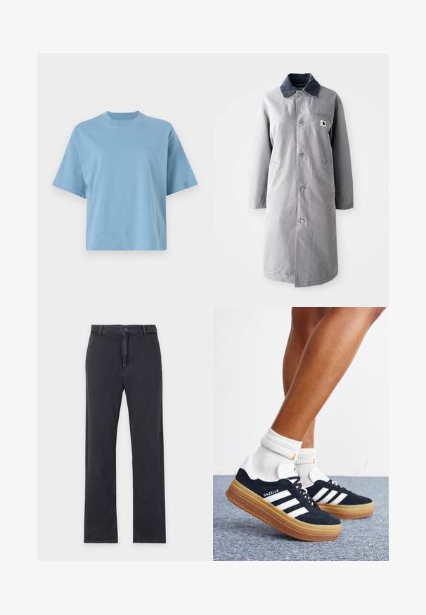 Grau langer Mantel aus strapazierfähigem Stoff mit einem Cordkragen, Vorderknöpfen, zwei Seitentaschen und einer Brusttasche mit einem Logo-Patch.; Helles blaues T-Shirt mit kurzen Ärmeln aus Baumwolle, das einen runden Halsausschnitt und ein kleines Logo auf der Brust hat. Lässige Passform mit glatter Textur.; Schwarze Jeans mit geradem Bein, vorderem Knopf- und Reißverschluss, Gürtelschlaufen und klassischem Fünf-Taschen-Design, flach auf weißem Hintergrund liegend.; Beine mit weißen Socken und schwarzen Adidas Gazelle Sneakers mit weißen Streifen und dicken braunen Sohlen auf einem grauen Teppichboden.