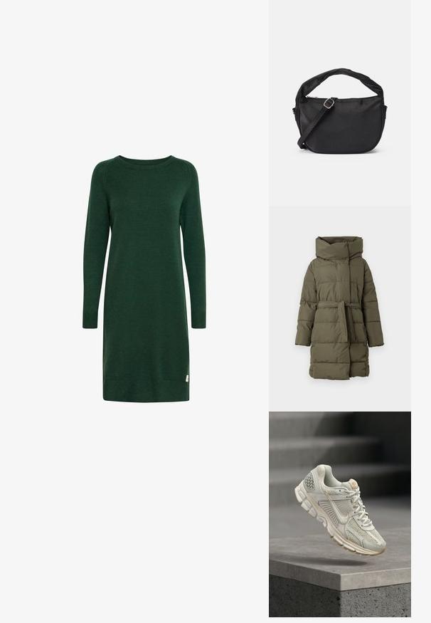 Manteau matelassé vert olive avec col montant et ceinture cousue à la taille, conçu pour l’hiver.; Robe tricotée verte à manches longues, col rond et poignets côtelés. Présente une petite étiquette de logo près de l'ourlet.; Baskets de course beige clair avec tige en mesh, doublure douce, semelle en caoutchouc et accents beige. Présente un logo en forme de swoosh sur le côté bien visible et des panneaux texturés.; Sac à épaule en tissu noir avec une poignée torsadée, une sangle amovible et une fermeture zippée en haut. Texture lisse et design minimaliste.