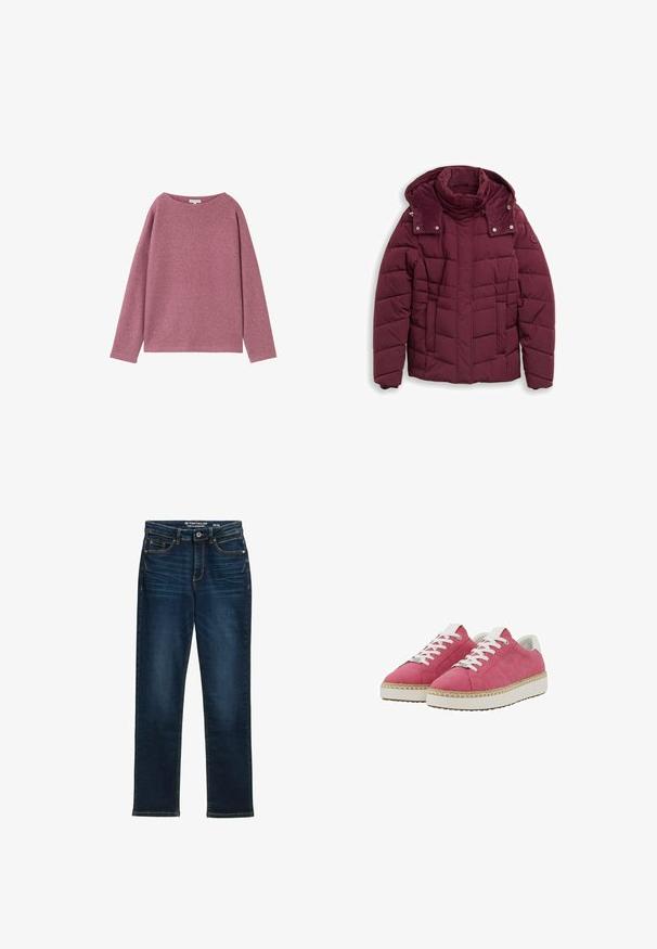 Burgunderfarbene isolierte Jacke mit Kapuze, gestepptem Design, Reißverschluss vorne und Druckknopfakzenten. Verfügt über Seitentaschen und einen hohen Kragen.; Langärmliger, lockerer Pullover aus einem weichen, rosa Strickmaterial. Rundhalsausschnitt und überschnittene Schultern, mit einer strukturierten Oberfläche.; Dunkelblaue gerade Jeans aus Denim, mit fünf Taschen, Metallknopfverschluss und Kontrastnähten. Keine sichtbaren Abnutzungen.; Rosa Wildledersneaker mit weißen Schnürsenkeln und einem weißen oberen Rand. Die Sohle ist dick und hat einen geflochtenen Akzent um die Basis, mit einer strukturierten Oberfläche.