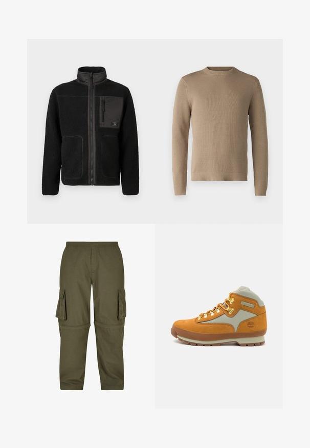 Sort fleecejakke med fuld frontlynlås, høj krave, to nederste lommer og en lynlåslomme på brystet med et lille mærke.; Beige strikket sweater med rund hals, ribbede manchetter og kant, samt struktureret stof, der har en ensfarvet overflade uden mønstre eller accenter.; Olivengrøn cargo-bukser lavet af letvægtsstof, med flere sidelommer, elastisk talje og lige pasform.; Brun ruskinds vandrestøvle med lysegrå stofpaneler, guldøjer, gummisål og Timberland-logo præsenteret på hælen.