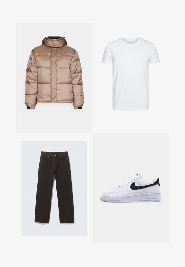 Redefined Rebel DAMIEN JACKET - Vinterjakker - walnut; Rundhals kortærmet t-shirt i ensfarvet hvid, lavet af blød bomuld, har et simpelt design uden synlige mønstre eller detaljer.; Svarte denimjeans med straight-leg design, fem lommer og kobberfarvet syning. Glat tekstur, klassisk knaplukning i taljen.; Hvide lædersneakers med en struktureret sort Swoosh, flade snørebånd og en gummisål med et rillemønster. "AIR" er præget på hælen.