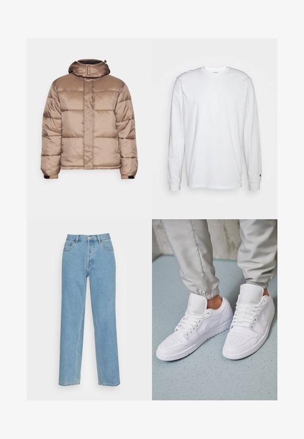 Redefined Rebel DAMIEN JACKET - Zimná bunda - walnut; Biela dlhá bavlnená tričko s dlhým rukávom. Dizajn s okrúhlym výstrihom a rebrovanými manžetami, malá nášivka na ľavom rukáve. Hladká textura.; Svetlomodré rovné džínsy vyrobené z denimu, s klasickým dizajnom s piatimi vreckami, predným zapínaním na gombík a viditeľnými švy.; Biele kožené tenisky majú perforovaný špičku, ploché šnúrky, polstrovaný golier a logo Jordana na jazyku. Nosia sa s šedými joggermi.