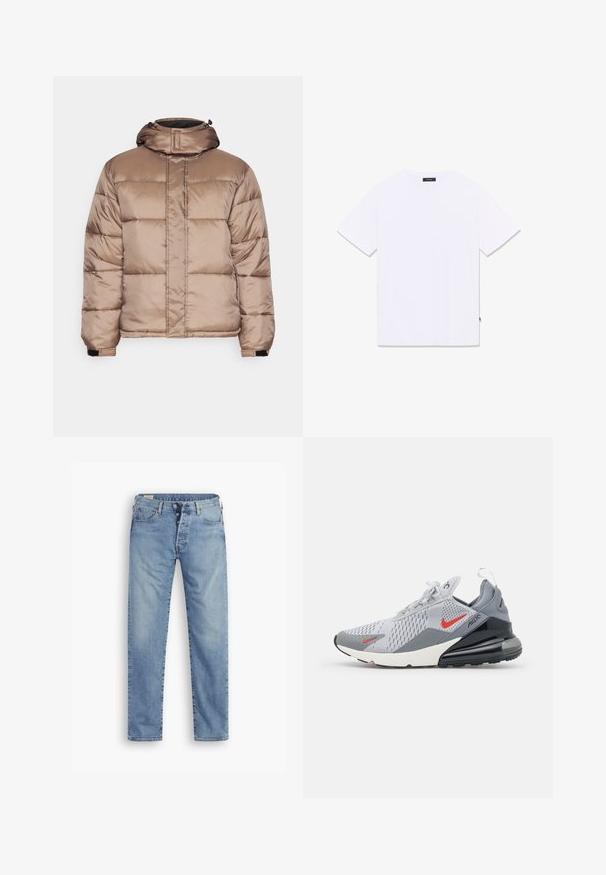 Redefined Rebel DAMIEN JACKET - Winterjacke - walnut; Weißes T-Shirt mit kurzen Ärmeln und Rundhalsausschnitt, flach von hinten dargestellt, mit kleinem schwarzem Etikett am Halsausschnitt und an der Seitennaht.; Hellblaue Denim-Jeans mit geradem Schnitt. Sie verfügen über einen Knopfverschluss, fünf Taschen und eine leicht verwaschene Textur.; Nike Air Max Schuh in grauem und weißem Mesh mit roten Akzenten. Gibt es mit einer auffälligen Luftpolstersohle und strukturierten Oberflächen.