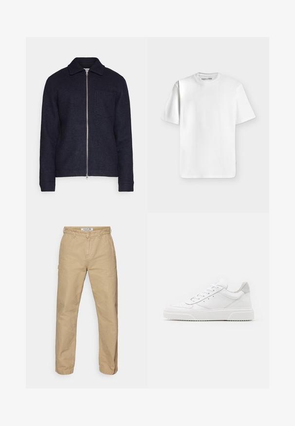 Veste bleu marine foncé en tissu texturé, avec une fermeture éclair à l'avant, un col et une poche sur la poitrine gauche. Manches longues avec poignets.; T-shirt blanc uni à manches courtes et col rond, posé à plat sur un fond gris clair avec une petite étiquette de marque à l’intérieur du col.; Pantalon en coton léger beige avec une coupe droite, doté d'une fermeture à bouton et d'une texture subtile. Logo Lacoste sur la taille.; Des baskets en cuir blanc avec une finition lisse, un bout rond, des lacets plats et une semelle texturée. Accents en daim gris au niveau du talon.