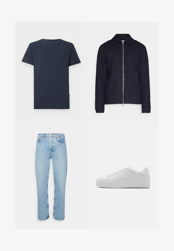 Mørkeblå jakke lavet af tekstureret stof, med lynlåslukning foran, krave og venstre brystlomme. Lange ærmer med manchetter.; Enkelt mørk navyblå T-shirt med korte ærmer og rund halsudskæring med et lille hvidt SELECTED-mærke inde i kraven.; Lyseblå denimjeans med lige snit, høj talje, fem-lomme design og synlige strikdetaljer ved sømmene og sømmen.; Hvide lædersneakers med en chunky platformsål, rund tå og seks snørehuller. Glat tekstur med subtile syninger.