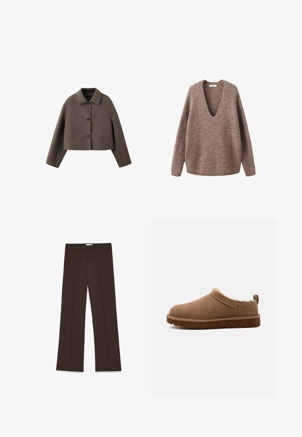 Chaqueta corta de lana marrón con mangas largas, tres botones delanteros y cuello puntiagudo.; Jersey marrón de punto con mangas largas, escote en V pronunciado y ajuste relajado, presentado sobre un fondo blanco.; Pantalones marrones de pierna ancha confeccionados en una tela suave; presentan pliegues frontales y una cinturilla estándar. Diseño minimalista sin cierre visible.; Zapatilla marrón de ante para ponerse fácilmente, con forro interior de felpa y una suela gruesa con dibujo, mostrada de perfil sobre un fondo liso.