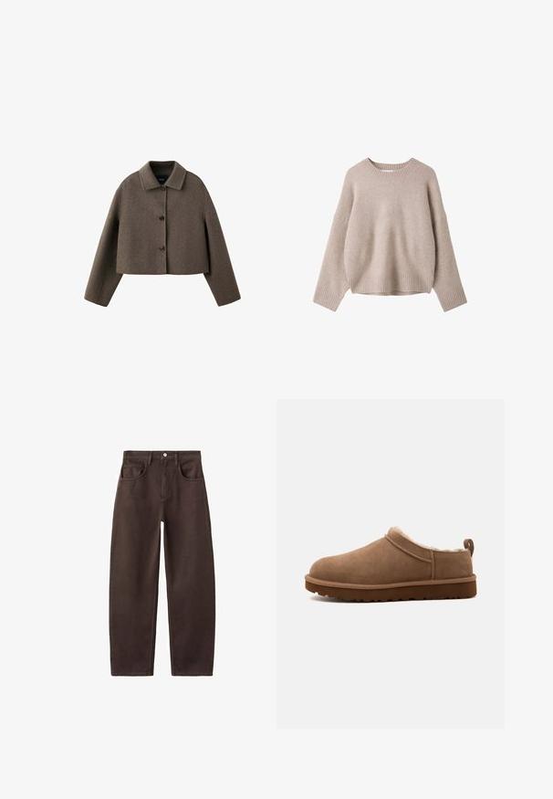 Veste courte en laine marron avec manches longues, trois boutons devant et un col pointu.; Pull beige en laine à manches longues avec col rond côtelé, poignets et ourlet, présenté sur fond blanc.; Jean en denim marron à jambes droites avec un design à cinq poches, fermeture par boutons et coutures apparentes. La texture du tissu paraît solide et lisse.; Chausson marron en daim à enfiler, avec une doublure intérieure en peluche et une semelle épaisse à crampons, présenté de côté sur un fond uni.