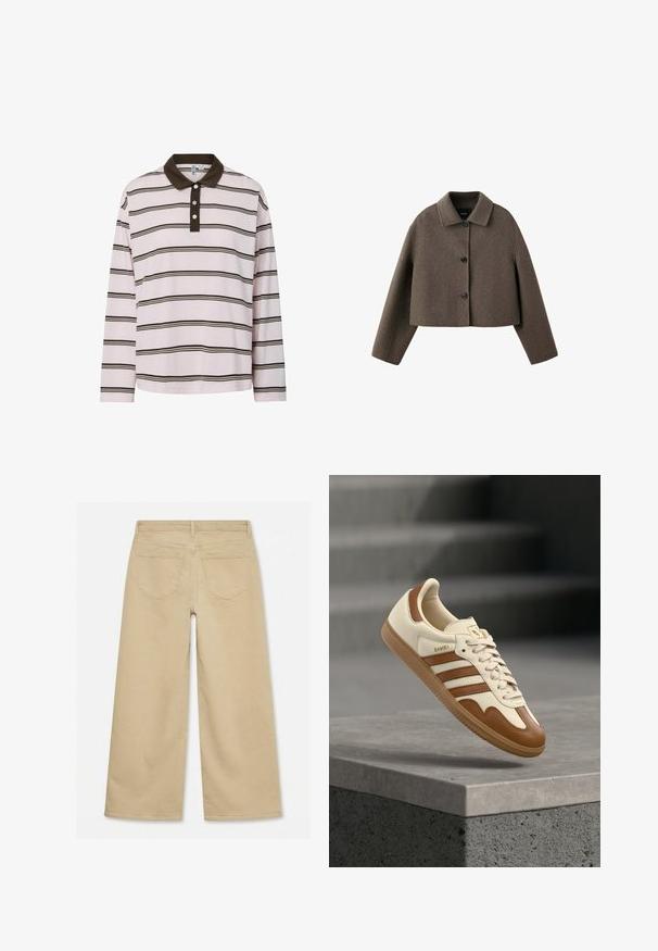 Chaqueta corta de lana marrón con mangas largas, tres botones delanteros y cuello puntiagudo.; Polo de manga larga en rosa claro con rayas horizontales marrones, con un cuello marrón oscuro y tapeta de tres botones. Material suave de algodón.; Pantalones beige de pierna ancha con dos bolsillos traseros y trabillas para cinturón, mostrados desde atrás sobre un fondo blanco.; Zapatilla clásica con parte superior de cuero crema, detalles en marrón, tres franjas y suela de goma texturizada. Presenta una puntera redondeada y cierre de cordones.