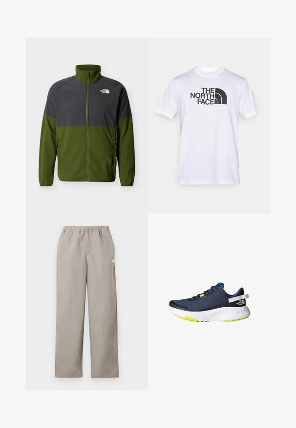 Outdoor-Fleecejacke mit durchgehendem Frontreißverschluss, dunkelgrauem Oberteil, olivgrünem Unterteil, Reißverschlusstaschen und dem The North Face-Logo auf der Brust.; Weißes Baumwoll-T-Shirt mit einem schwarzen "THE NORTH FACE"-Logo und einem geschwungenen Designelement. Kurzärmlig mit Rundhalsausschnitt.; Beige gerade geschnittene Hose mit elastischem Bund und kleinem weißem Logo an der rechten Seitennaht.; Laufschuhe mit einem Obermaterial aus marineblauem Mesh, weißer Zwischensohle und knallgelbem Außensohlene. Sie verfügen über einen gepolsterten Schaft und reflektierende Akzente.