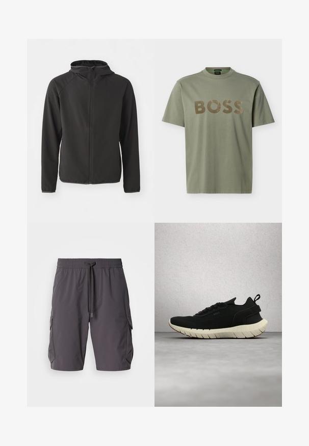 Must mustaga kaelusega jope, mis on valmistatud siledast kangast, esiosa lukuga, raglan varrukatega ja rinnal on peen logo.; Olive roheline lühikeste varrukatega ümmarguse kaelusega T-särk, millel on suured pruunid tekstuuriga "BOSS" trükid rinnal.; Hallid hallid lühikesed püksid, mis on valmistatud kergest kangast, joontega vöökohaga, küljetaskutega ja veidi lõtvade lõigetega.; Must võrkmaterjalist toss koos kreemika paksu soonilise tallaga, mis hõljub halli põranda kohal ruumis, millel on klaasplokkaknad.