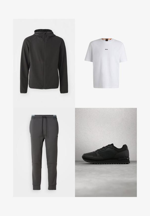 Chaqueta con capucha negra hecha de tela suave, con un cierre frontal, mangas raglán y un logotipo sutil en el pecho.; Camiseta de algodón blanca de manga corta, con un logotipo negro "BOSS" centrado en el pecho y un diseño de cuello redondo.; Pantalones de chándal gris carbón con cinturilla elástica, cordón ajustable, bolsillos laterales y puños acanalados. Textura suave y diseño ajustado.; Zapatilla negra BOSS con tejido texturizado y paneles de cuero, cordones atados, flotando sobre un suelo de hormigón gris cerca de bloques de vidrio.