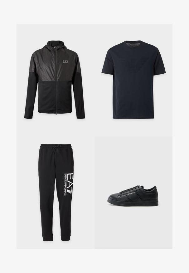 Čierna bunda na zips s kapucňou, lesklé panely na hornej časti hrudníka a ramenách a biele logo EA7 Emporio Armani na ľavej strane hrudníka.; Čierne tričko s krátkym rukávom a okrúhlym výstrihom s jemným vyrazeným logom orla na hrudi a značkovou nálepkou vo vnútri goliera.; Čierne teplákové nohavice s elastickým pásom a šnúrkou, s bielym vertikálnym logom "EA7 Emporio Armani" na jednej nohe.; Čierne kožené tenisky so hladkým povrchom, zaoblenou špičkou, viazaním vpredu, polstrovaným golierom a textúrovanými bočnými akcentmi. Viditeľný jemný detail loga.