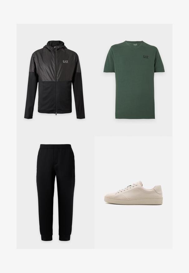 Čierna bunda na zips s kapucňou, lesklé panely na hornej časti hrudníka a ramenách a biele logo EA7 Emporio Armani na ľavej strane hrudníka.; Tmavozelené tričko s krátkym rukávom a výstrihom do V s malým čiernym logom EA7 Emporio Armani na ľavej strane hrudníka.; Čierne zúžené tepláky s elastickým pásom a manžetami, bočnými vreckami a nenápadným logom na pravom stehne na jednofarebnom pozadí.; Béžové kožené tenisky so hladkým povrchom, okrúhlou špičkou, plochou podrážkou a klasickým šnurovaním. Jemné akcenty z prešívania a textúrovaná podrážka.