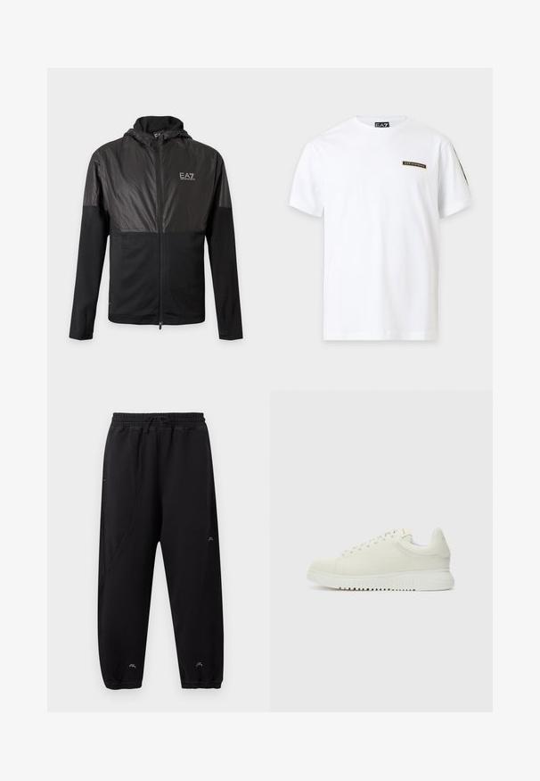 Veste noire zippée avec capuche, panneaux brillants sur la poitrine et les épaules, et logo EA7 Emporio Armani blanc sur le côté gauche de la poitrine.; T-shirt blanc à manches courtes avec un petit patch logo EA7 Emporio Armani sur la poitrine gauche et une étiquette de marque à l'intérieur du col.; Pantalon de jogging noir avec taille et poignets élastiques, coupe slim, détails de couture discrets et petit logo blanc près des chevilles et de la cuisse.; Baskets blanches en cuir avec un dessus texturé, bout rond, semelle plate blanche et lacets ton sur ton. Marque discrète sur la languette.