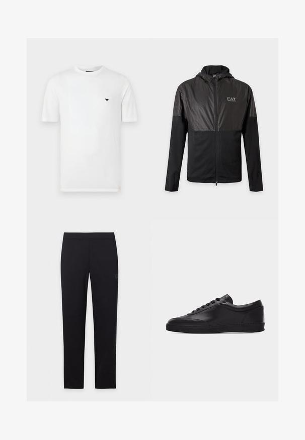 Veste noire zippée avec capuche, panneaux brillants sur la poitrine et les épaules, et logo EA7 Emporio Armani blanc sur le côté gauche de la poitrine.; T-shirt en coton blanc avec col rond et manches courtes. Présente un petit logo noir sur le côté gauche de la poitrine. Texture lisse, coupe décontractée.; Legging noir slim avec ceinture élastique, présenté à plat sur un fond blanc.; Baskets basses en cuir noir avec lacets sur le devant et semelle en caoutchouc plate, vues de côté sur un fond blanc uni.