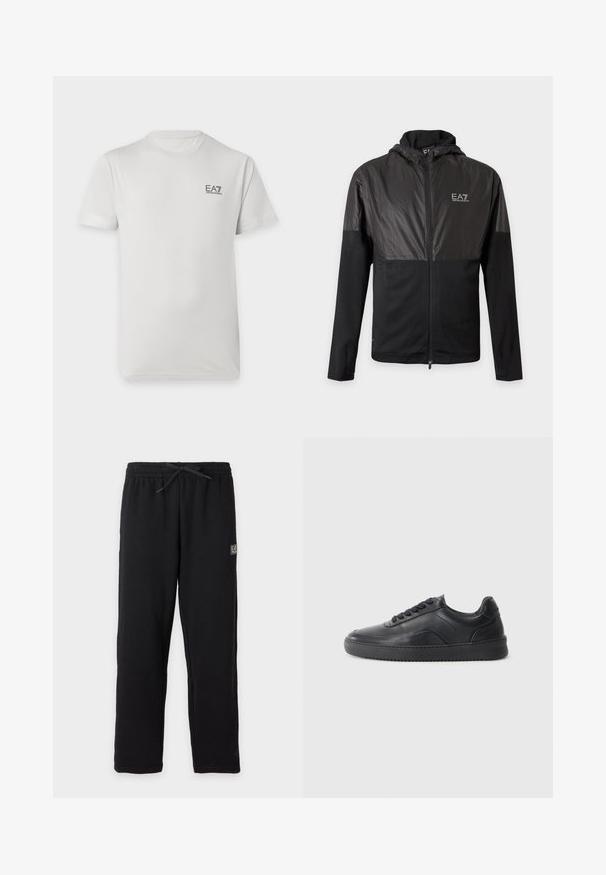 Veste noire zippée avec capuche, panneaux brillants sur la poitrine et les épaules, et logo EA7 Emporio Armani blanc sur le côté gauche de la poitrine.; T-shirt blanc manches courtes col rond avec petit logo noir EA7 Emporio Armani sur le côté gauche de la poitrine.; Pantalon de survêtement noir avec taille élastique et cordon, avec un petit patch logo EA7 rectangulaire sur la partie supérieure de la cuisse gauche.; Chaussure de sport en cuir noir avec une finition lisse, bout arrondi, panneau latéral texturé et lacets noirs. Présente une semelle en caoutchouc plate et un design minimaliste.