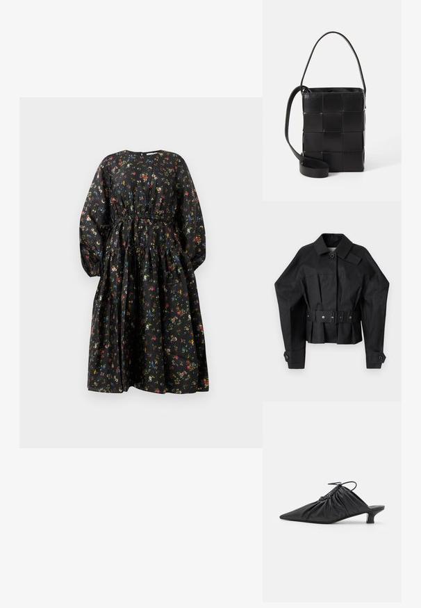 Zwarte cropped jas met een gestructureerd ontwerp, grote kraag, enkele knoopsluiting en een brede riem met metalen hardware.; Zwarte bloemenjurk met lange mouwen, ingezette taille en gelaagde rok. Heeft een kleurrijk bloemenpatroon en een gladde stoftextuur.; Zwarte leren instappers met een spitse neus, gegatherde textuur en een kleine kittenhiel. Heeft een trekkoorddetail aan de opening.; Zwarte leren tas met een geweven ontwerp. Rechthoekige vorm, korte handgreep en verstelbare schouderband. Soepele textuur met een matte afwerking.