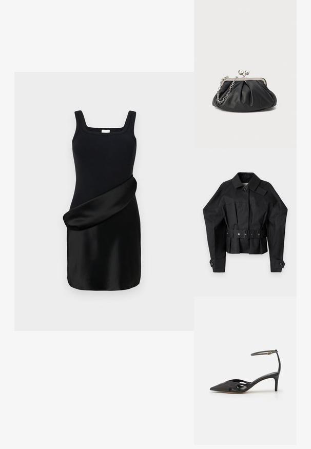 Sort cropped jakke med en struktureret design, stor krave, enkelt knaplukning og et bredt bælte med metalhardware.; Sort kjole med en ribbet tanktop med firkantet udskæring og en glat, draperet satin skørt. Designet kombinerer kontrasterende teksturer.; Sort læder højhælet sko med spids tå, åbne sider og en tynd ankelrem med en lille guld detalje.; Sort læder clutch med samlet tekstur, sølvfarvet metalramme, kys-lås lukning og kædestrop. Glat, blød overflade.