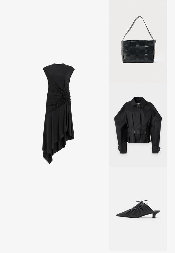 Zwarte cropped jas met een gestructureerd ontwerp, grote kraag, enkele knoopsluiting en een brede riem met metalen hardware.; Zwarte mouwloze jurk met geplooide details aan de zijkant, voorzien van een asymmetrische zoom die elegant valt. Zachte stofstructuur.; Zwarte leren instappers met een spitse neus, gegatherde textuur en een kleine kittenhiel. Heeft een trekkoorddetail aan de opening.; Zwarte leren handtas met een breed geweven ontwerp en een enkele schouderriem, rechthoekige vorm, weergegeven tegen een effen lichte achtergrond.