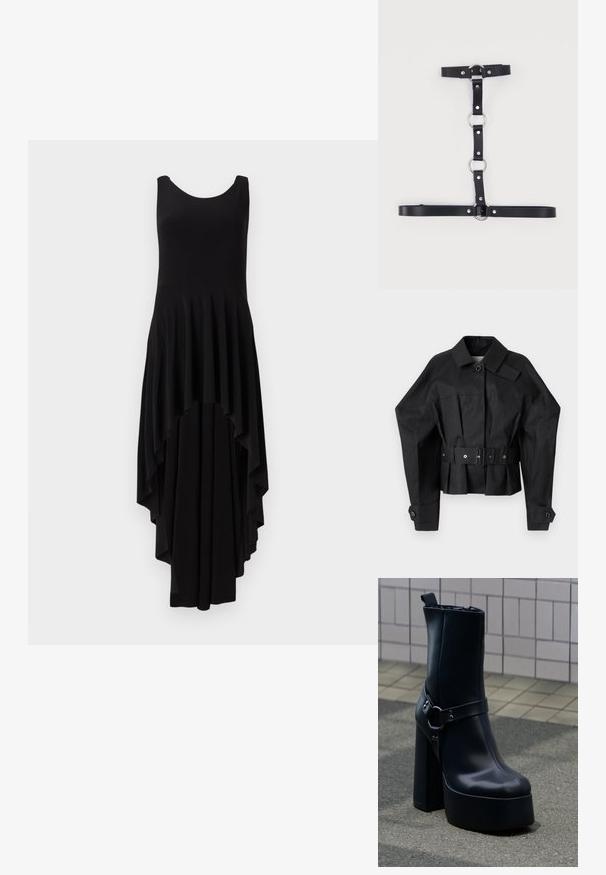 Sort cropped jakke med en struktureret design, stor krave, enkelt knaplukning og et bredt bælte med metalhardware.; Sort ærmeløs kjole med en rund udskæring, der har en kaskade asymmetrisk kant og plisseret tekstur over det hele på overdelen.; Sort læder plateauankelstøvle med chunky høj hæl og dekorativ rem, placeret på grå fortov mod flisebelagt væg baggrund.; Sort sele i kunstlæder med sølvfarvede metalkrøller og nitter, med justerbare stropper arrangeret i et lodret og vandret mønster.