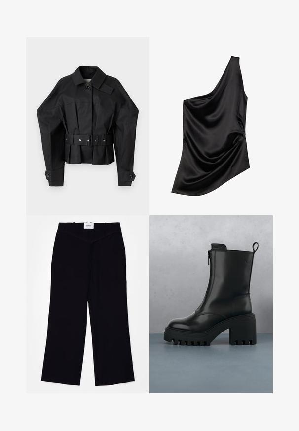 Sort cropped jakke med en struktureret design, stor krave, enkelt knaplukning og et bredt bælte med metalhardware.; Sort satin-top med en asymmetrisk halsudskæring, draperet stofdetalje og blød tekstur. Har én skulder og en flydende silhuet.; Sorte brede bukser lavet af et glat stof. Har en flad talje med bælteløkker og en ren finish ved kanterne.; Sorte læder ankelstøvler med kraftig sål, blokhæl, lynlås i siden og trækflap bagpå på en ensfarvet hvid baggrund.
