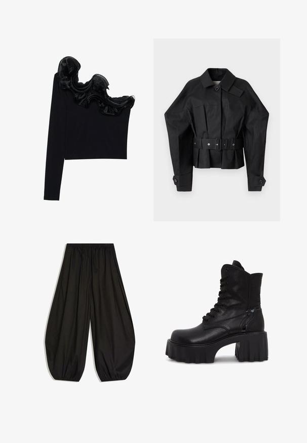 Zwarte cropped jas met een gestructureerd ontwerp, grote kraag, enkele knoopsluiting en een brede riem met metalen hardware.; Zwarte tops met één schouder, voorzien van een ruffled doorzichtige overlay langs de halslijn, gemaakt van lichtgewicht stof met een gladde textuur.; Zwarte broek met wijde pijpen, elastische tailleband en geplooide elastische boorden, gemaakt van lichtgewicht stof.; Zwarte veterschoenen tot de enkel met een stevige platformzool. Gemaakt van glad synthetisch materiaal, met gestikte accenten en een glanzend zijdetail.