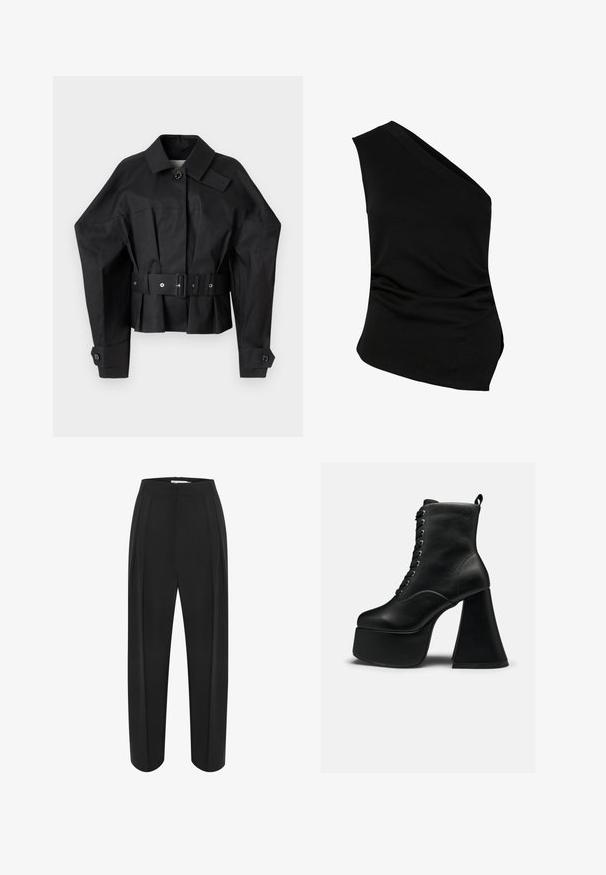 Zwarte cropped jas met een gestructureerd ontwerp, grote kraag, enkele knoopsluiting en een brede riem met metalen hardware.; Zwarte top met één schouder van zachte katoenmix, met een diagonale halslijn, een aansluitende pasvorm en subtiele zijruche.; Zwarte wijde broek met hoge taille, met een soepele textuur en twee plooien aan de voorkant. Ontworpen met een strakke, op maat gemaakte uitstraling.; Zwarte platform enkellaars met veters aan de voorkant, brede blokhak, glad leer en trekhaak aan de achterkant.