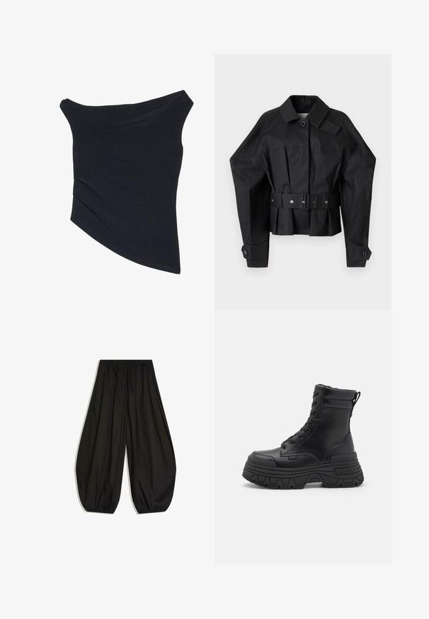 Veste noire raccourcie avec un design structuré, grand col, fermeture à bouton unique et une large ceinture avec garniture métallique.; Haut noir, décolleté asymétrique, avec une coupe ajustée, un ourlet asymétrique et une texture douce et lisse. Il met en valeur un tissu froncé au niveau du col.; Pantalon noir ample avec taille élastiquée froncée et bas élastiqués, créant une silhouette ballon.; Bottes noires à lacets en cuir lisse, dotées d'une semelle plateforme épaisse, d'un talon renforcé et d'une languette pour un enfilage facile.