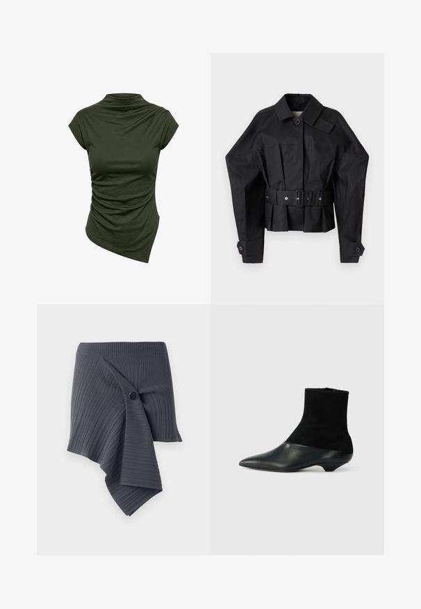 Veste noire raccourcie avec un design structuré, grand col, fermeture à bouton unique et une large ceinture avec garniture métallique.; Chemise vert foncé à manches courtes avec col montant et ourlet asymétrique, avec des détails de tissu froncé d’un côté.; Jupe enveloppante à côtes gris foncé avec un design torsadé et un accent de bouton noir rond. Fabriquée dans un matériau texturé et extensible.; Bottine noire avec une tige en daim texturé et un embout en cuir lisse. Dispose d'un bout pointu et d'un design de talon bas unique.