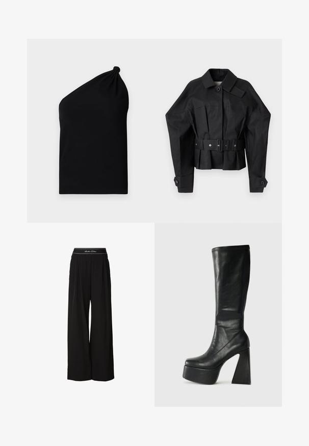 Veste noire raccourcie avec un design structuré, grand col, fermeture à bouton unique et une large ceinture avec garniture métallique.; Haut sans manches noir asymétrique en tissu lisse, avec un détail noué à l'épaule et une silhouette ajustée.; Pantalon noir à jambes larges en tissu doux, avec une ceinture contrastante ornée de lettres blanches et des plis à l'avant.; Bottine noire en cuir, haute jusqu'au genou, avec une plateforme épaisse et un talon géométrique. Texture lisse avec des détails decouture sur le bord supérieur.
