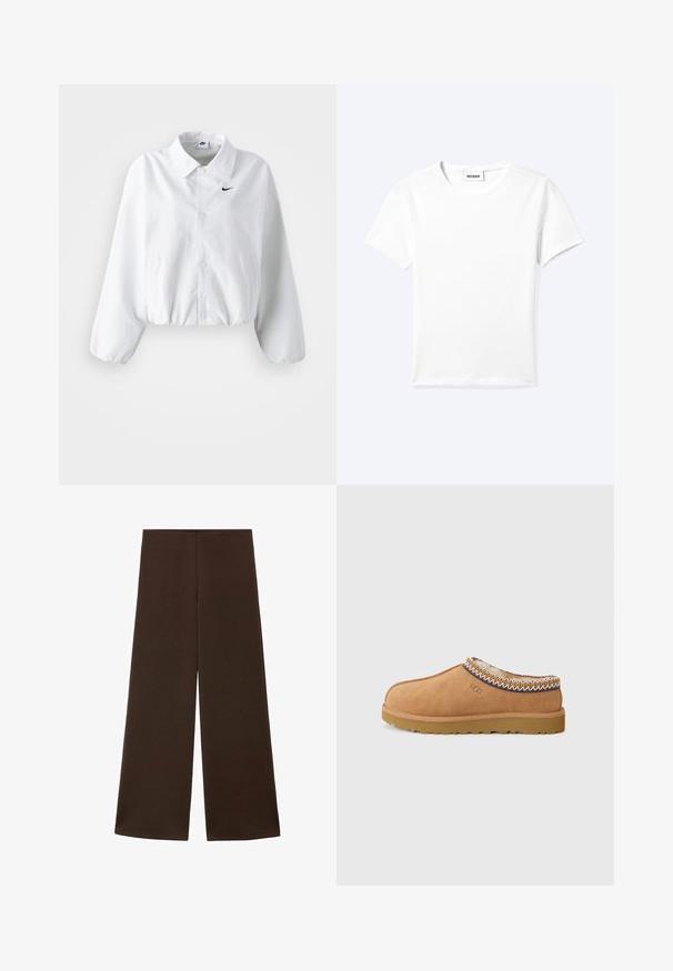 Chaqueta corta blanca con cuello, cinturilla elástica y mangas largas abullonadas. Presenta un logo negro de Nike en el lado izquierdo del pecho. Tejido de textura suave.; Camiseta blanca lisa de manga corta con cuello redondo y una pequeña etiqueta "WEEKDAY" dentro del cuello, mostrada extendida sobre un fondo claro.; Pantalones de pierna ancha hechos de una tela suave de color marrón oscuro. Presenta una cintura alta y un diseño minimalista sin adornos.; Zapato sin cordones de ante marrón con forro de lana texturizada y costuras decorativas de estilo étnico alrededor del cuello. Presenta una suela de goma.