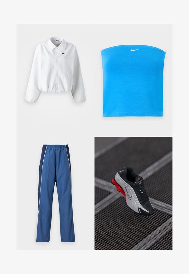 Valkoinen lyhyt takki, jossa on kaulus, joustava vyötärö ja pitkät puffi hihat. Vasemmassa rinnassa on musta Nike-logo. Tasainen kangas rakenne.; Kirkkaan sininen Nike olkaimeton putkitoppi, jossa valkoinen Swoosh-logo sijoitettuna keskitetysti lähelle yläreunaa.; Siniset urheiluhousut, joissa kevyt ja sileä materiaali. Venyvä vyötärönauha, kontrastivärinen tummansininen sivupaneeli sekä valkoiset korosteraidat.; Mustat ja harmaat urheilukengät, joissa on punainen pehmustettu pohja, mustat nauhat ja swoosh-logo metalliverkkoalustalla.