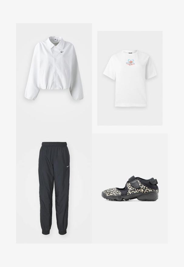 Chaqueta corta blanca con cuello, cinturilla elástica y mangas largas abullonadas. Presenta un logo negro de Nike en el lado izquierdo del pecho. Tejido de textura suave.; Camiseta blanca de manga corta con cuello redondo, con un pequeño diseño azul y naranja con el texto "Fearlessly Independent Since 1906" en el pecho.; Pantalones de chándal negros de Nike hechos de un tejido ligero, con una cinturilla y puños elásticos, y un pequeño logo blanco en la pierna izquierda.; Zapatilla deportiva con estampado de leopardo en negro y beige, suela negra y correas ajustables de velcro sobre fondo blanco.