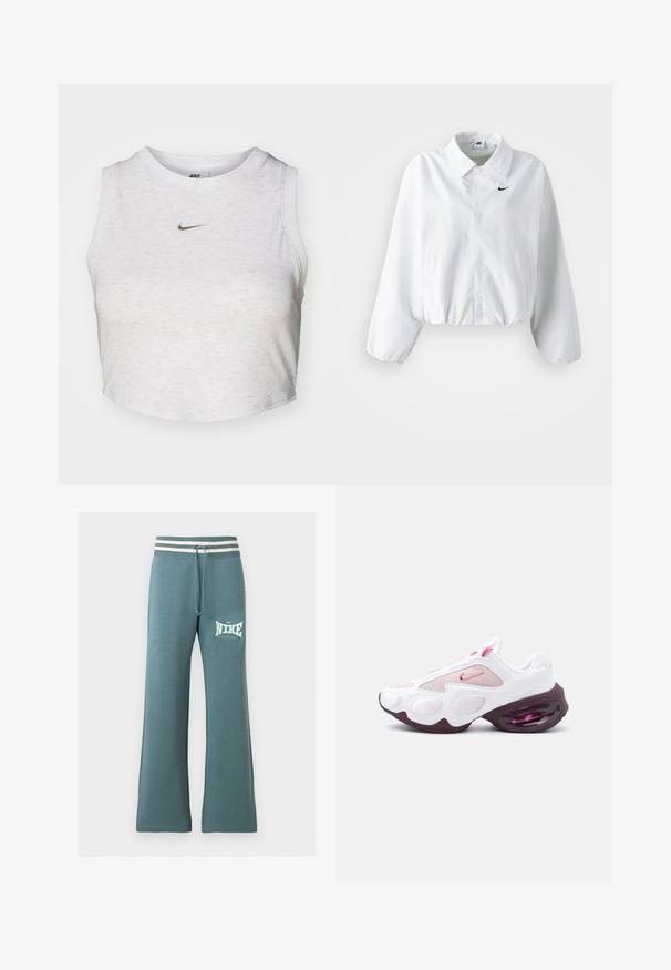 Biele skrátené sako s golierom, elastickým pásom a dlhými pufovanými rukávmi. Na ľavej hrudi sa nachádza čierne logo Nike. Hladká textúra látky.; Biely crop top vyrobený z jemnej, textúrovanej látky. Má okrúhly výstrih a bezrukávový dizajn so malým zlatým logom Nike na prednej strane.; Tyrkysové široké tepláky s bielym pruhovaným pásom, predným sťahovaním a bielym logom Nike s nápisom „Athletic Dept.“ na ľavom stehne.; Biela a ružová športová teniska s sieťovinovými panelmi, ružovým logom Nike Swoosh a hrubou tmavofialovou podrážkou s viditeľným vzduchovým tlmením.