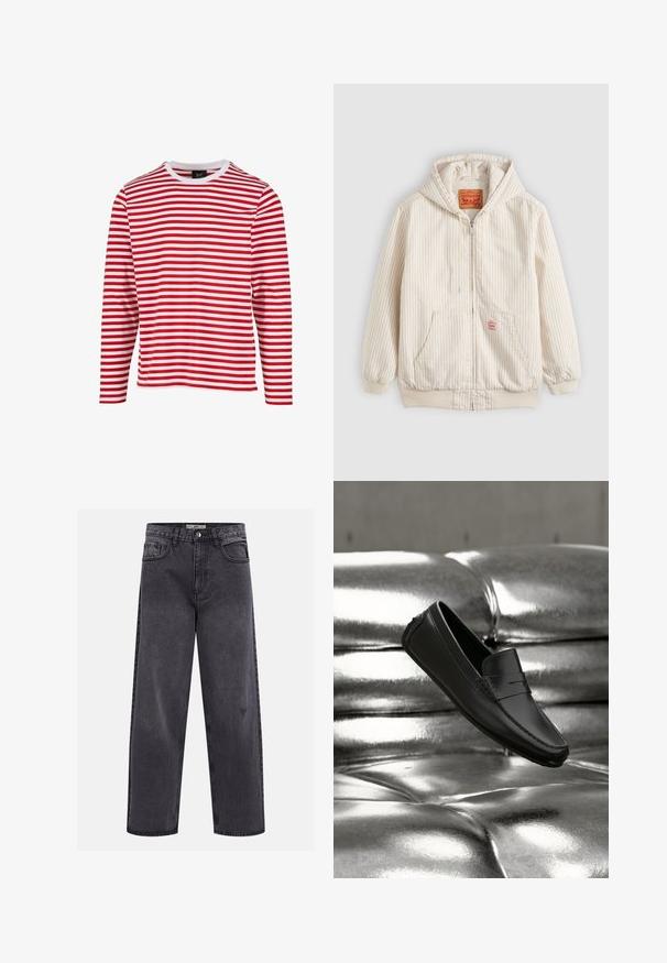 Cremefarvet hættetrøje med tynde lodrette striber, lynlås foran, kengurulomme, elastiske manchetter og Levi's logo-patch på brystet og indersiden af kraven.; Langærmet skjorte med røde og hvide vandrette striber, med rund hals og blødt, glat bomuldsstof. Ingen yderligere mønstre eller detaljer.; Sorte denimjeans med lige ben, knaplukning, bæltestropper og fem-lomme-design.; Sort lædersko i loaferstil svævende over en skinnende sølvfarvet metallisk flækket pude baggrund.