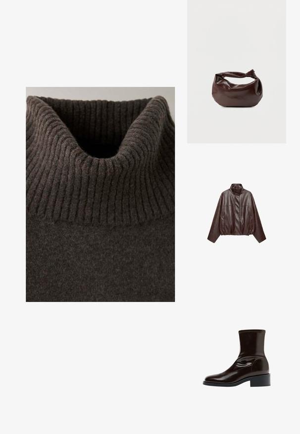 Mørkebrun kort læderjakke med høj krave, lange ærmer, forlommer og skjult frontlynlås.; Mørkebrun ribbet rullekrave på en strikket sweater med blødt textured stof.; Mørkebrun læderankelstøvle med firkantet tå, lav blokhæle og stikning langs øverste kant, vist i sideprofil.; Mørkebrun læder skuldertaske med en blød, afslappet form og et snoet knudehåndtag på en ensartet hvid baggrund.