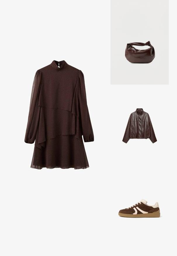 Veste en cuir courte marron foncé avec col montant, manches longues, poches avant et fermeture éclair dissimulée à l'avant.; Robe marron foncé à manches longues avec ourlet asymétrique en couches, col montant avec fermeture bouton à découpe en goutte, et motif à petits pois subtil.; Baskets en daim brun avec accents crème, lacets blancs et semelle en caoutchouc gomme, vues de profil extérieur sur fond blanc.; Sac bandoulière en cuir marron foncé avec une forme souple et décontractée et une anse nouée torsadée sur un fond blanc uni.
