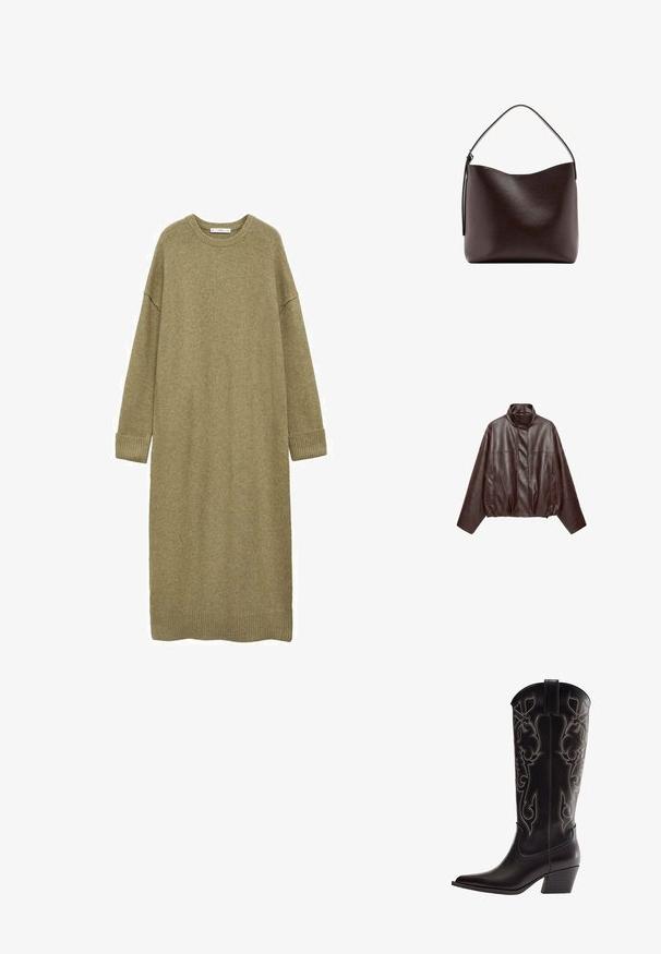 Dunkelbraune, kurz geschnittene Lederjacke mit hohem Kragen, langen Ärmeln, Fronttaschen und verstecktem Frontreißverschluss.; Strickkleid in Olivgrün, knielang, mit lockerer Passform, rundem Ausschnitt und langen Ärmeln. Verfügt über gerippte Bündchen und Saum. Weiche Textur.; Schwarzer Leder-Cowboystiefel mit spitzer Zehe, bestickten dekorativen Mustern und gestapeltem Blockabsatz.; Dunkelbraune Lederhandtasche mit einem einzelnen geschwungenen oberen Griff und einer glatten, ungeschmückten Oberfläche vor weißem Hintergrund.