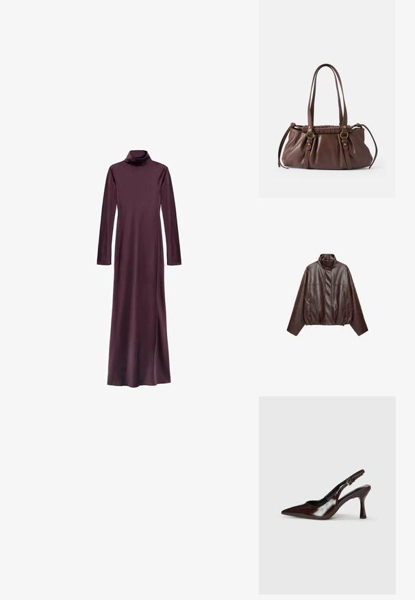 Veste en cuir courte marron foncé avec col montant, manches longues, poches avant et fermeture éclair dissimulée à l'avant.; Robe à manches longues et col roulé en bourgogne profond, fabriquée dans un tissu lisse. Présente une silhouette droite et atteint le mollet. Pas de motifs visibles.; Talons slingback en cuir verni brun avec un bout pointu, un talon fin, et une sangle réglable avec une petite boucle.; Sac à main en cuir brun avec deux longues poignées, design froncé, accents en métal doré et finition texturée.