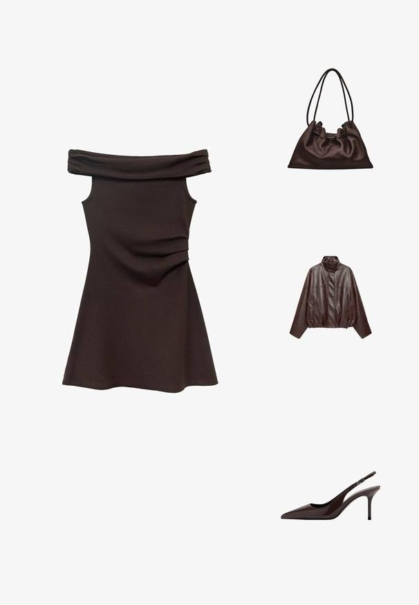 Veste en cuir courte marron foncé avec col montant, manches longues, poches avant et fermeture éclair dissimulée à l'avant.; Robe marron décolletée, avec un corsage ajusté, en tissu doux, et des détails froncés à la taille, s'évasant en une jupe style patineuse.; Talons slingbacks en cuir verni marron avec un bout pointu, un talon fin et une bride réglable. Texture lisse et finition brillante.; Sac à main en cuir brun foncé souple avec une forme flasque et deux fines bretelles sur fond blanc.