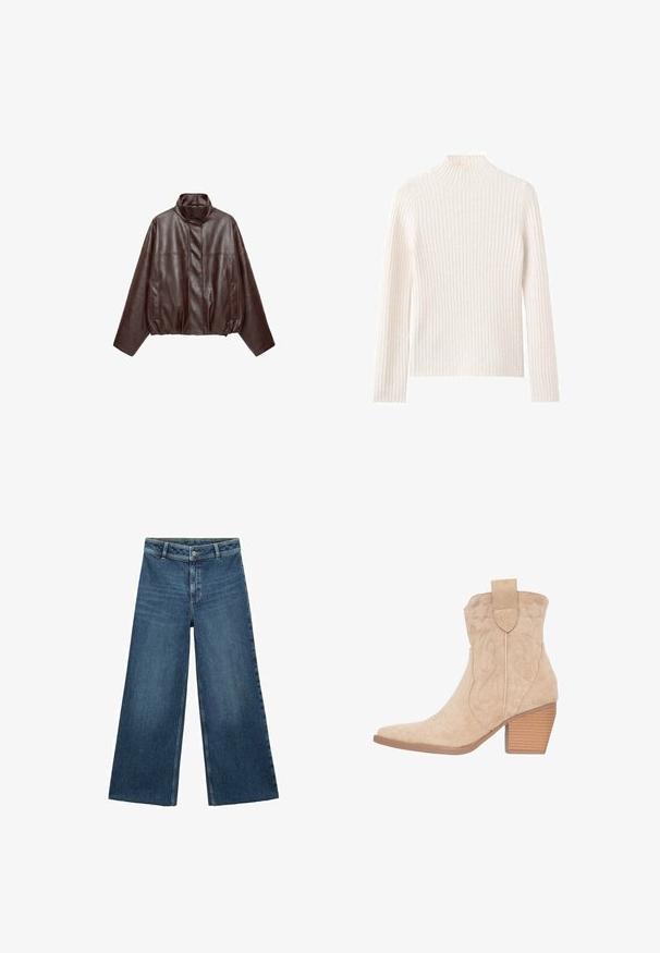 Donkerbruine korte leren jas met hoge kraag, lange mouwen, voorzakken en verborgen rits aan de voorkant.; Geribbelde coltrui in off-white, gemaakt van zachte gebreide stof. Heeft lange mouwen en een aansluitend silhouet.; Wijduitlopende blauwe denim jeans met een vervaagde afwerking, een ritssluiting en een rafelige zoom. Voorzien van vijf zakken en beige stiksel.; Beige suède cowboylaarzen met een pointed toe, decoratieve stiksel en een gestapelde hak. Heeft een trekband aan de achterkant.