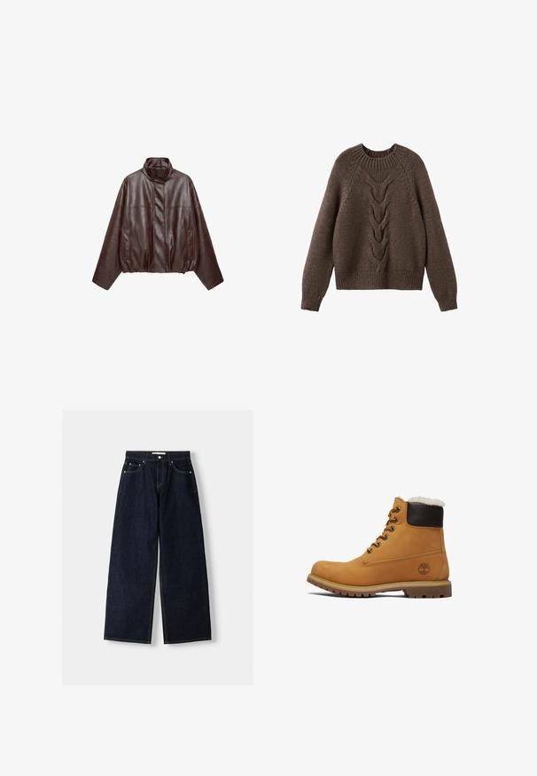Mørkebrun kort læderjakke med høj krave, lange ærmer, forlommer og skjult frontlynlås.; Brun strikket sweater med rund halsudskæring, lange ærmer og et kabelstrikdesign, der løber ned langs fronten. Ribbet kant og manchetter.; Mørkeblå denim wide-leg jeans med høj talje, fem lommer, kontraststing og sølvfarvet metalbeslag. Glat overflade og pæn finish.; Brune læder ankelstøvle med en mørkebrun polstret krave, metaløjer og en tekstureret, holdbar sål. Har et logo nær hælen.