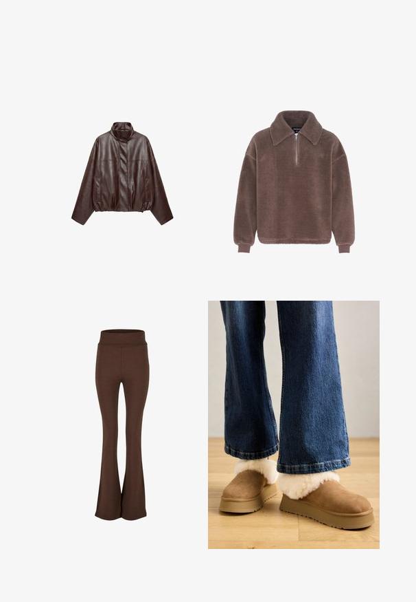 Veste en cuir courte marron foncé avec col montant, manches longues, poches avant et fermeture éclair dissimulée à l'avant.; Pull-over en polaire marron avec un grand col, fermeture à zip partiel sur le devant, manches longues et poignets côtelés, conçu pour un usage décontracté.; Pantalon évasé brun en tissu doux et extensible ; il présente une taille haute et une texture lisse sans motifs ni accents visibles.; Chaussons en daim marron avec un épais revers en fourrure légère, montés sur une semelle plateforme beige, associés à un jean en denim à coupe large.
