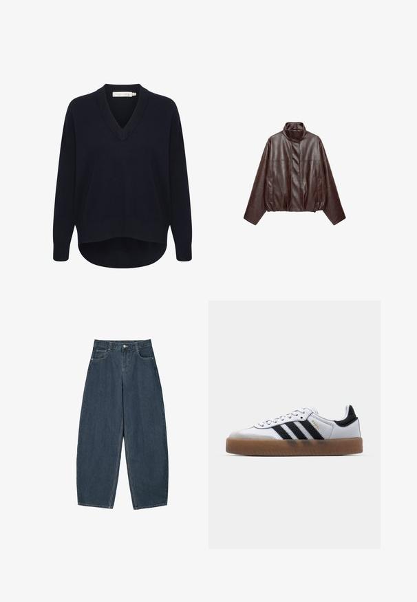Mørkebrun kort læderjakke med høj krave, lange ærmer, forlommer og skjult frontlynlås.; Marineblå V-hals sweater med lange ærmer, en afslappet pasform og en buet kant. Fremstillet af blødt, struktureret stof med minimale labels.; Mørkeblå denim buede bukser med høj talje, som har fem lommer og synlige stingdetaljer. Ren, minimalistik design.; Hvide lædersneakers med sorte striber, gummirubber sål, rund tå, snørelukning og blød grå ruskinds tåhætte.