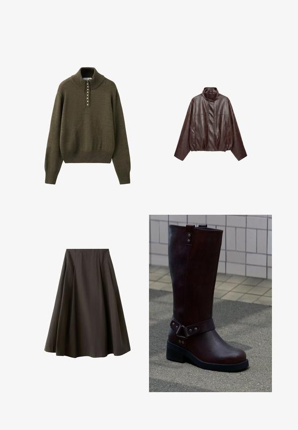 Veste en cuir courte marron foncé avec col montant, manches longues, poches avant et fermeture éclair dissimulée à l'avant.; Pull en maille vert olive avec un col montant, doté d'une patte de boutonnage à six boutons et d'un ourlet et de poignets côtelés pour un look texturé.; Jupe noire trapèze à taille haute avec ourlet évasé, fabriquée en tissu lisse, présentée sur fond blanc.; Botte mi-mollet en cuir marron foncé avec semelle noire et détails en rivets argentés, posée sur un trottoir extérieur près d'un mur carrelé.