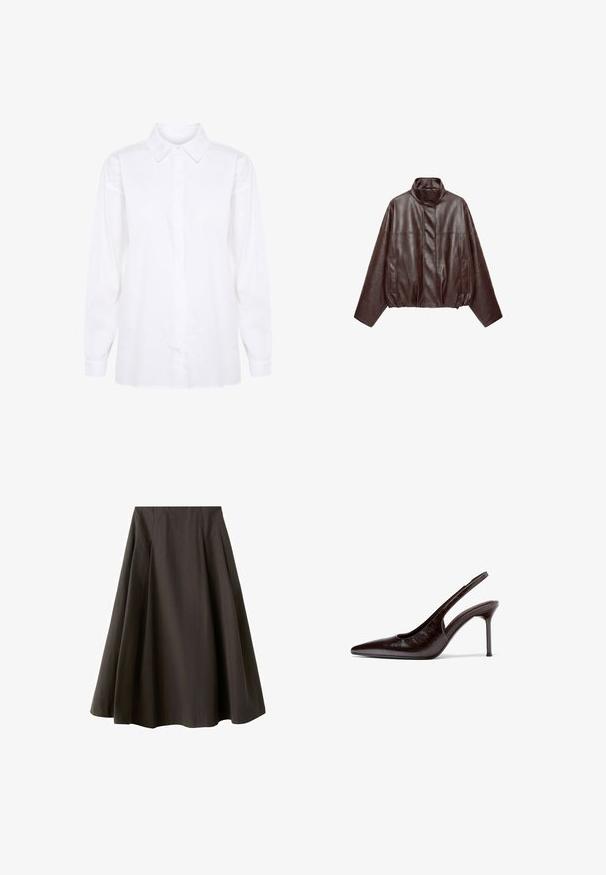 Veste en cuir courte marron foncé avec col montant, manches longues, poches avant et fermeture éclair dissimulée à l'avant.; Chemise blanche à manches longues en coton, dotée d'un col classique et d'une fermeture à boutons, avec des manches longues et une coupe droite au bas.; Jupe noire trapèze à taille haute avec ourlet évasé, fabriquée en tissu lisse, présentée sur fond blanc.; Chaussure à talon haut pour femmes en cuir marron foncé, avec bride arrière, bout pointu et talon aigu slim, sur fond blanc.