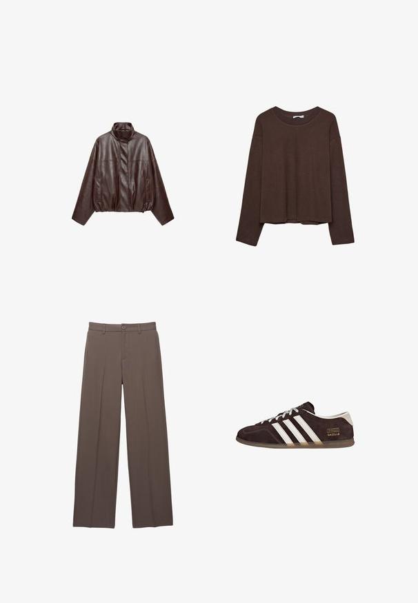 Veste en cuir courte marron foncé avec col montant, manches longues, poches avant et fermeture éclair dissimulée à l'avant.; Pull marron à coupe décontractée, col côtelé et manches longues. Texture lisse avec un ourlet arrondi et sans motifs ni accents visibles.; Pantalons taillés marron avec passants de ceinture, fermeture à bouton et détails de plis avant sur un fond blanc.; Baskets en suède marron avec trois bandes blanches, semelle en caoutchouc, et étiquette avec le texte "Gazelle" en or. Fermeture à lacets avec lacets gris.
