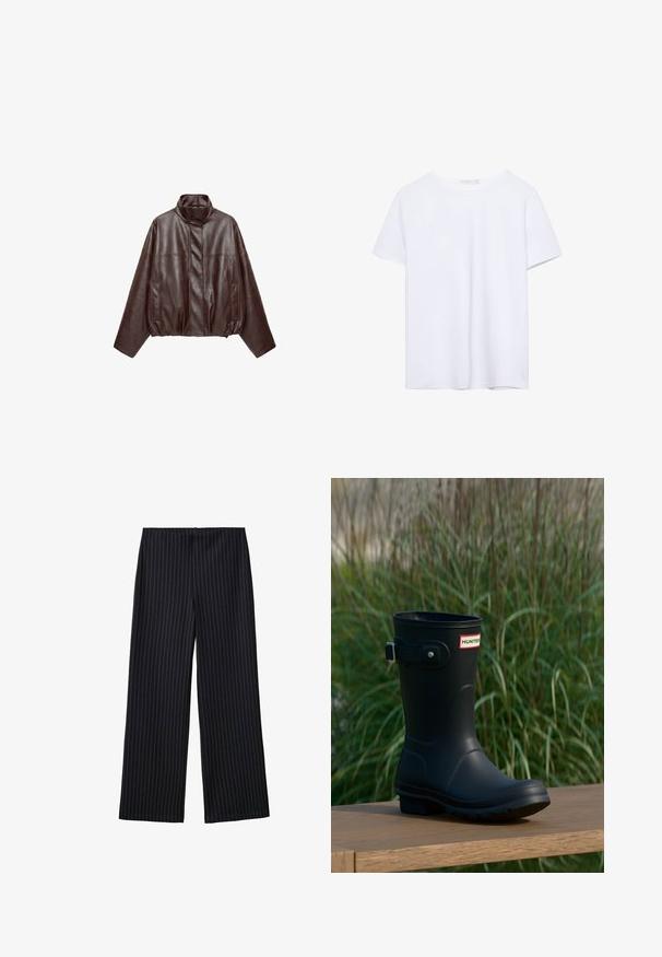 Veste en cuir courte marron foncé avec col montant, manches longues, poches avant et fermeture éclair dissimulée à l'avant.; T-shirt blanc uni à manches courtes et col rond avec ourlet droit, présenté sur un fond blanc.; Pantalon large à rayures fines noires avec une texture lisse et une taille haute. Le tissu a un léger éclat et tombe de manière fluide.; Botte de pluie en caoutchouc noir avec une finition brillante, dotée d'une boucle argentée et d'un écusson de logo. La semelle est texturée pour une meilleure adhérence.