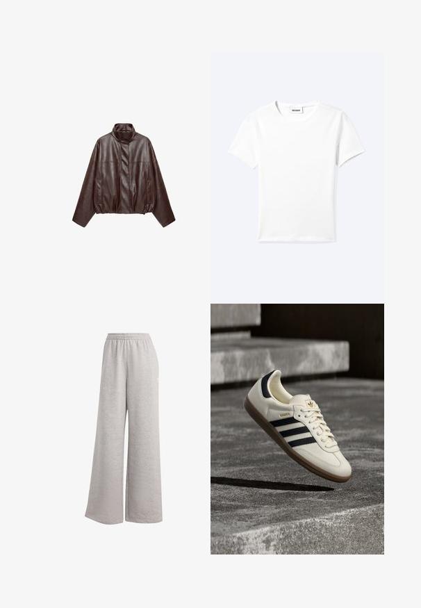 Veste en cuir courte marron foncé avec col montant, manches longues, poches avant et fermeture éclair dissimulée à l'avant.; T-shirt blanc uni à manches courtes et col rond avec une petite étiquette "WEEKDAY" à l'intérieur de l'encolure, présenté à plat sur un fond clair.; Pantalon de survêtement gris clair avec une coupe ample, une taille élastique et une texture douce. Présente un logo discret sur un côté. Design décontracté.; Baskets blanches Adidas Samba avec des bandes noires et une semelle en gomme, flottant au-dessus de marches en béton gris texturé.